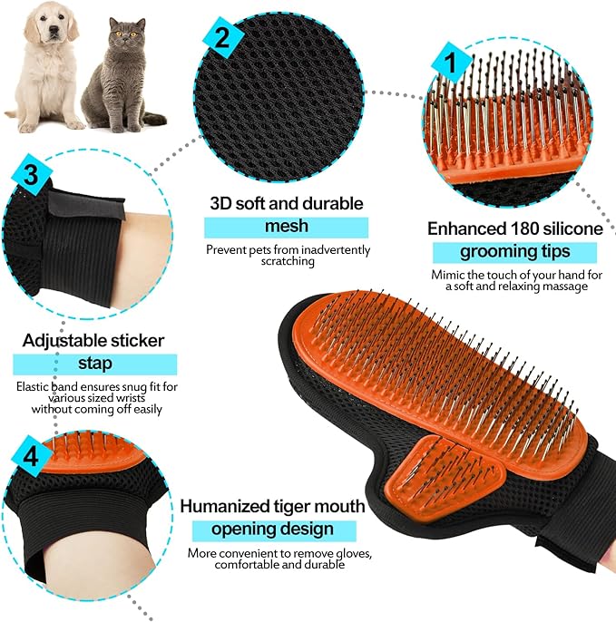 Beenefits 2025 Pet Grooming Glove with Tipped Pin Brush,Special Design Deshedding Glove, Perfect Petting Tool for Sensitive Dogs & Cats with Long & Medium Fur, Massage Mitt - Right-Hand - Orange