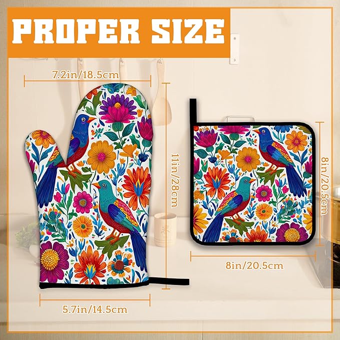 Colorful Bird Oven Mitts and Pot Holders,Flowers Mexican Style Heat Resistant Oven Mitts Gloves and Pot Holder for Home Kitchen Decorations Cooking Baking BBQ Gifts,Set of 4