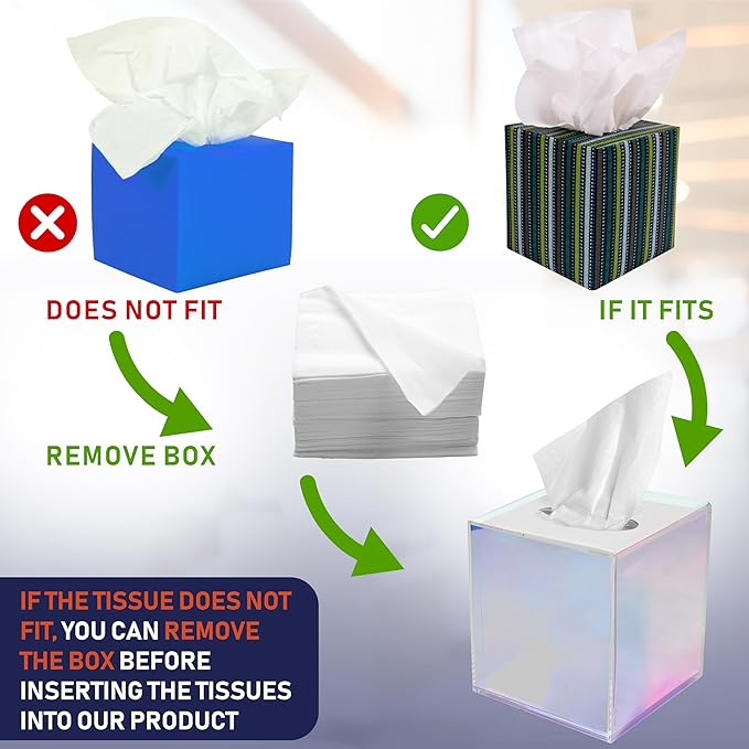 Acrylic Tissue Box Holder, Clear Dispenser for Facial Tissues, Napkins, and Dryer Sheets. Perfect for Bathrooms, Desks, Countertops, Vanities, Bedrooms, and Nightstands (Square, Iridescent)