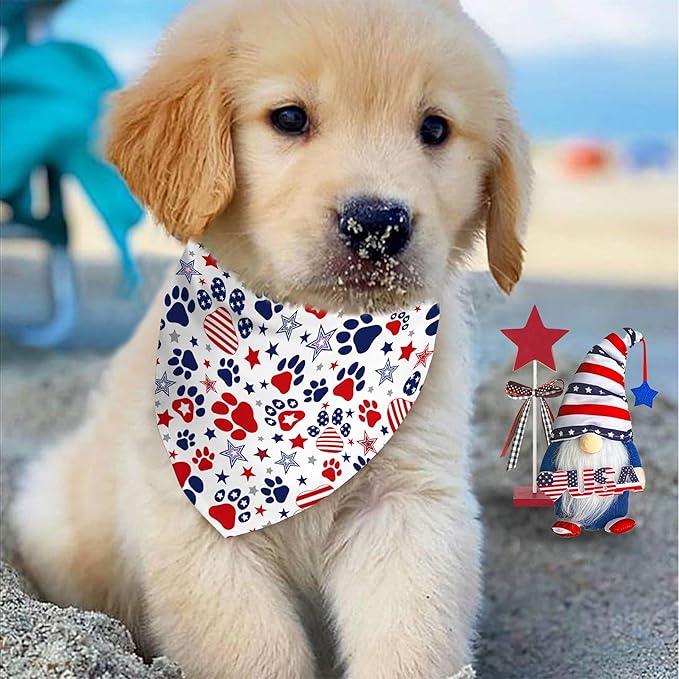 4th of July Dog Bandana Reversible 2 Pack Small, Red White and Blue Dog Paw Star Patriotic Dogs Bandanas Set Adjustable Triangle Holiday Scarves for Memorial Day Small Medium Boy Girl Dogs