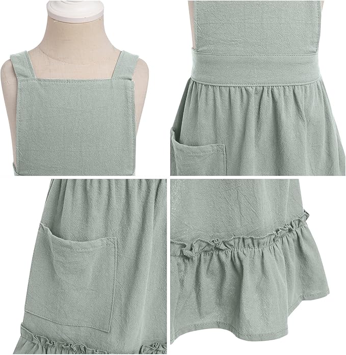 OBEEII Kids Aprons for Cooking Cotton Linen Children Baking Kitchen Gardening Painting Apron Pinafore Dress with Pockets