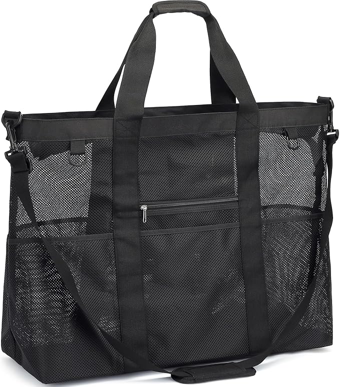 Fammart Mesh Beach Bag, Large Beach Tote Bags with Zipper, Toys Pool Bag for Family Travel Vacation Cruise Essentials