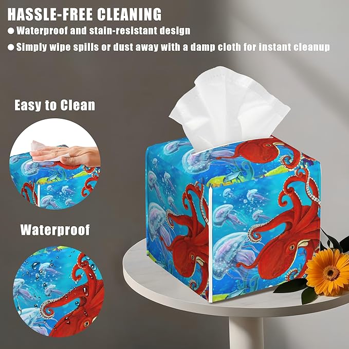 BLYKVGHQ Octopus and Jellyfish Tissue Box Cover Square, Coral Reef Tissue Box Holder with Bottom Belt Leather Facial Paper Organizer Dispenser for Bathroom Bedroom Dresser Night Stand Tabletop