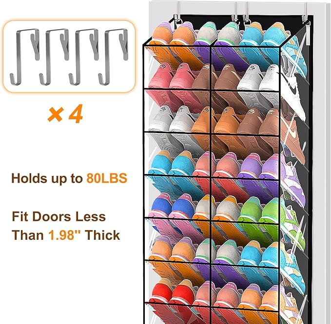 30 Pairs Over the Door Shoe Organizer, Transparent PVC Hanging Shoe Rack for Closet, 10-Tier Door Shoes Storage, Crystal-Clear Visibility Fit All the Family's Sneakers, Boots, Heels, Black Frame