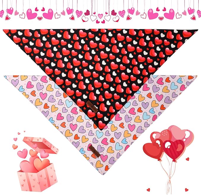 Lionet Paws Valentine's 2pcs Dog Bandanas, Black Heart & Colorful Heart Dog Scarf Bib Premium Fabric, Happy Valentine Love Bandanas for Small Medium Dogs Pets