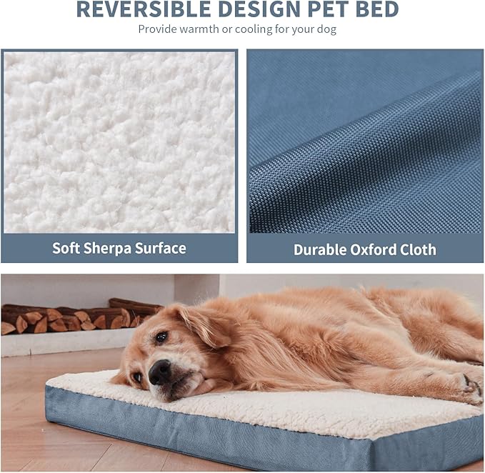 Tail Stories Plush Orthopedic Dog Bed for Medium Dogs & Puppies, Waterproof Dog Beds 30x20 Inch with Removable Washable Cover, Egg Crate Foam Flat Pet Mat, Blue White