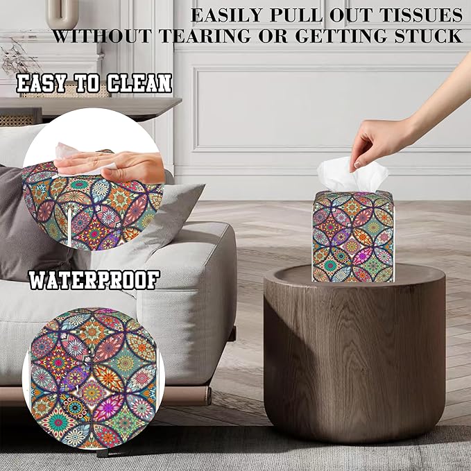 OHEGBXE Tissue Box Holder Abstract Mandela Floral Square Leather Tissue Box Cover Modern Cube Facial Paper Cover Case for Bathroom Vanity Countertop Night Stands Tabletop