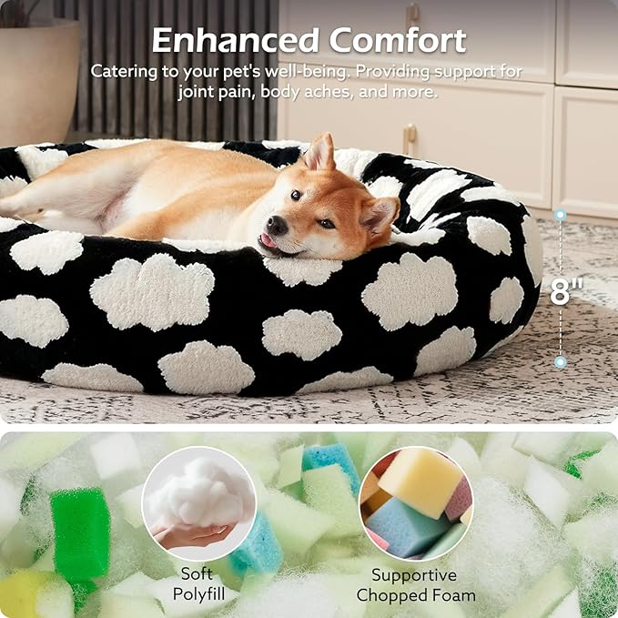 JOEJOY Donut Calming Small Dog Bed, Round Cat Beds for Indoor Cats with Removable Washable Cover, 23In Orthopedic Cute Puppy Kitten Pet Bed with Jacquard Shaggy Plush & Non Skid Bottom, Black