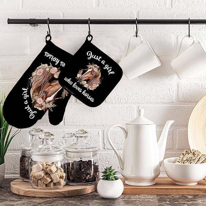 OHSUL Black Horse Oven Mitts and Pot Holders Sets, Horse Lover Gifts for Women Girls, Just a Girl Who Loves Horses Heat Resistant Oven Gloves Hot Pads for Kitchen Cooking Baking Grilling
