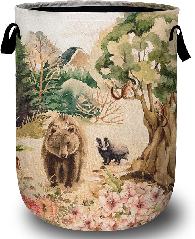 Forest Bear Deer Laundry Basket with Sturdy Handles, Watercolor Wild Animal Collapsible Oxford Cloth Laundry Hamper Organizer Basket for Bathroom Bedroom 15.7x20 Inch