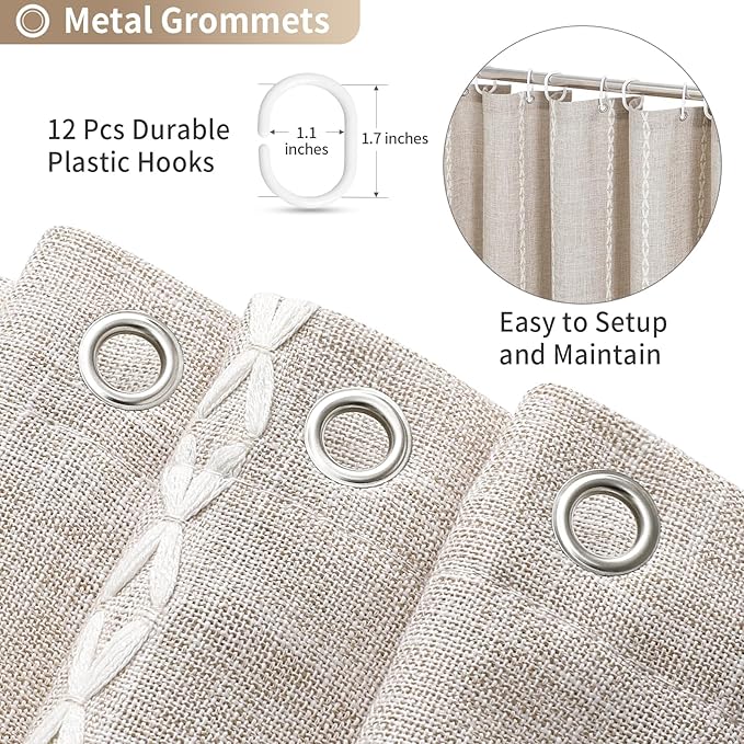 MitoVilla Boho Extra Long Shower Curtain 72 x 84, Tan 84 inch XL Polyester Linen Tassel Fabric Shower Curtain Set with Hooks for Vintage Country Farmhouse Bathroom Decor, Thick & Wrinkle Resistant