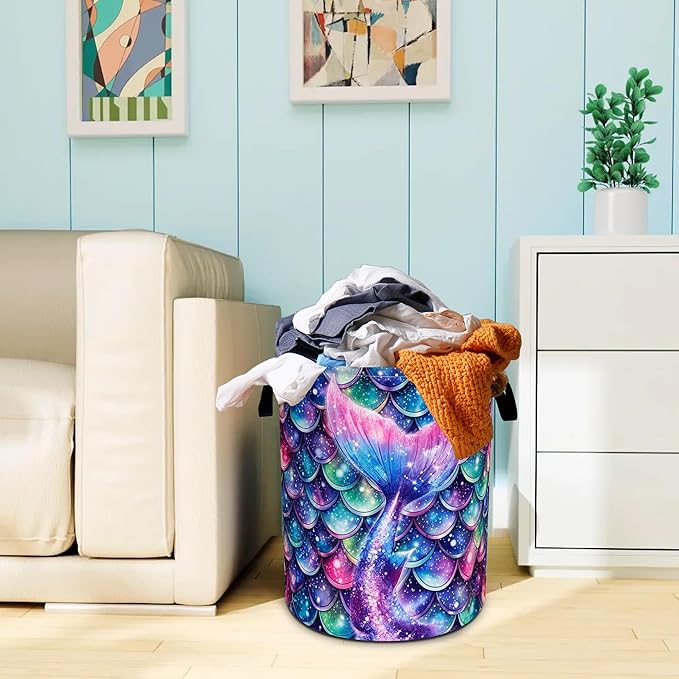 Mermaid Tail Scales Laundry Basket Oxford Cloth Colorful Fish Scales Laundry Hamper With Handle Foldable Portable Clothes Storage Basket 18.9 X 16.5 In Storage Bag For Laundry Room/Bathroom/Bedroom