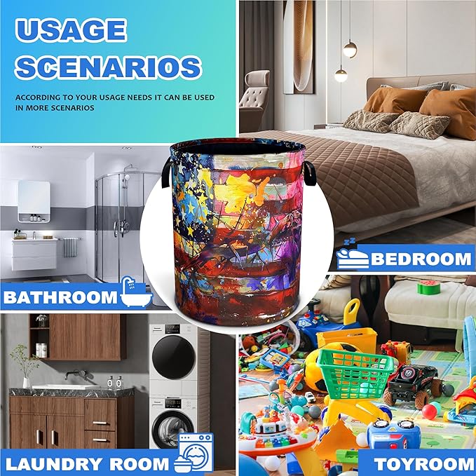 American Flag Laundry Basket Usa Flag Art Oxford Cloth Laundry Hamper With Handle Foldable Portable Clothes Storage Basket 18.9 X 16.5 Inch Storage Bag For Laundry Room/Bathroom/Bedroom/Dormitories