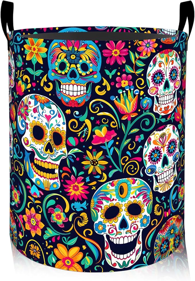 ainori Gothic Sugar Skull Laundry Basket, Oxford Cloth Colorful Dirty Clothes Collapsible Hamper for Room Decor, Goth Skeleton Print Halloween Gifts Toy Organizer 19.7*15.8 Inch for Bedroom Bathroom