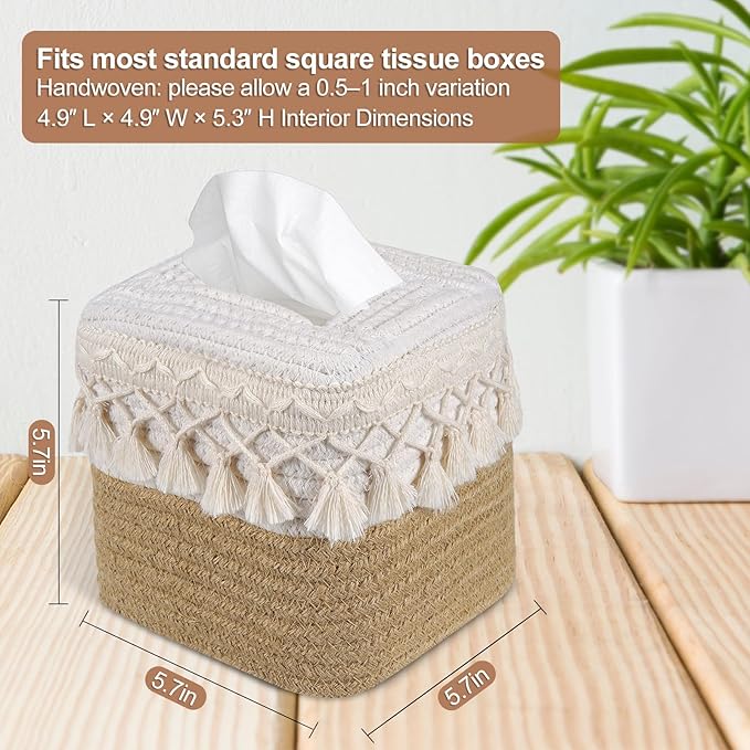 Natural Boho Tissue Box Cover: Handwoven Square Holder with Tassel for Bathroom, Table & Kitchen – Open-Bottom Design Decorative Cover for Home, Office & Farmhouse Decor