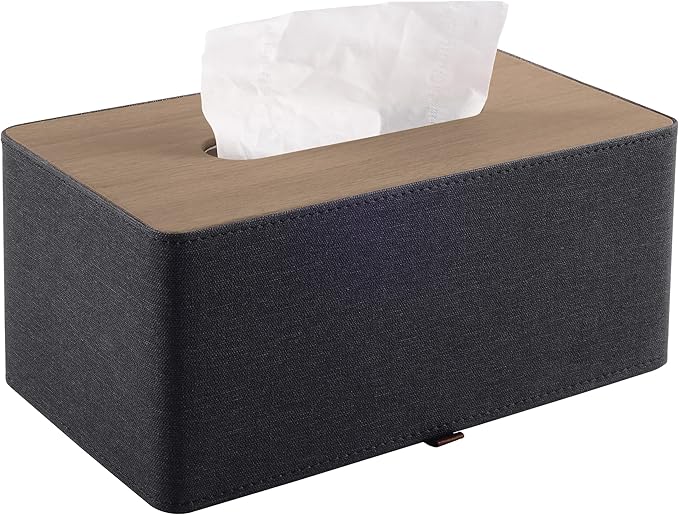 RHCSZ High-end Pu Leather Tissue Box Holder Two Color Combination-Linen and Wood Grain,Rounded Rectangle Napkin Paper Case Dispenser for Home Bathroom Dresser Offices Car Tissue Cover (Black)
