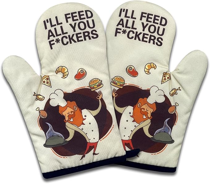 2 Pack Funny BBQ Oven Mitts, I'll Feed All You Fuckers, Heat Resistant Silicone Non-Slip Mitts, Humorous BBQ Grilling Gifts for Men, Christmas Birthday Gifts for Dad Husband Boyfriend Chef