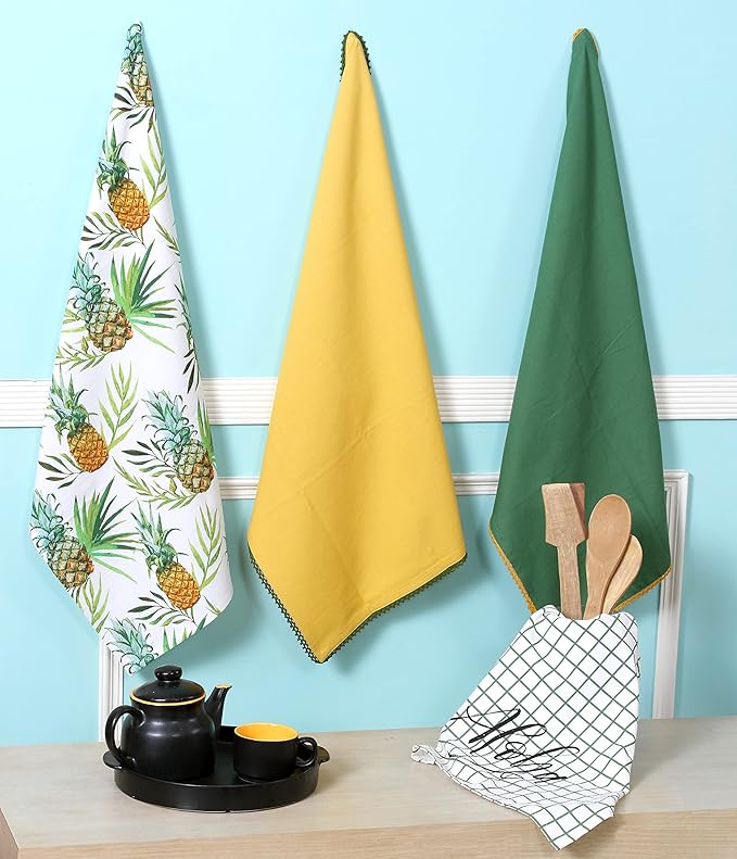 ACCENTHOME Kitchen Towels Set of 4 Super Absorbent Durable Towels Perfect for Kitchen Mess & Drying Dishes 50x70 cm Stripe & Check Pattern Pineapple Print
