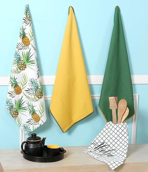 ACCENTHOME Kitchen Towels Set of 4 Super Absorbent Durable Towels Perfect for Kitchen Mess & Drying Dishes 50x70 cm Stripe & Check Pattern Pineapple Print