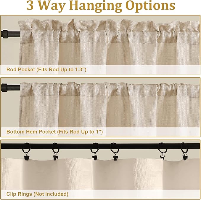 Lecloud Bessie Light Filtering Curtains 45 Inch Length 2 Panels Set, Faux Linen Weave Short Curtains with Rod Pocket, Rustic Drapes for Bedroom Basement Laundry, Each 30 W x 45 L, Linen