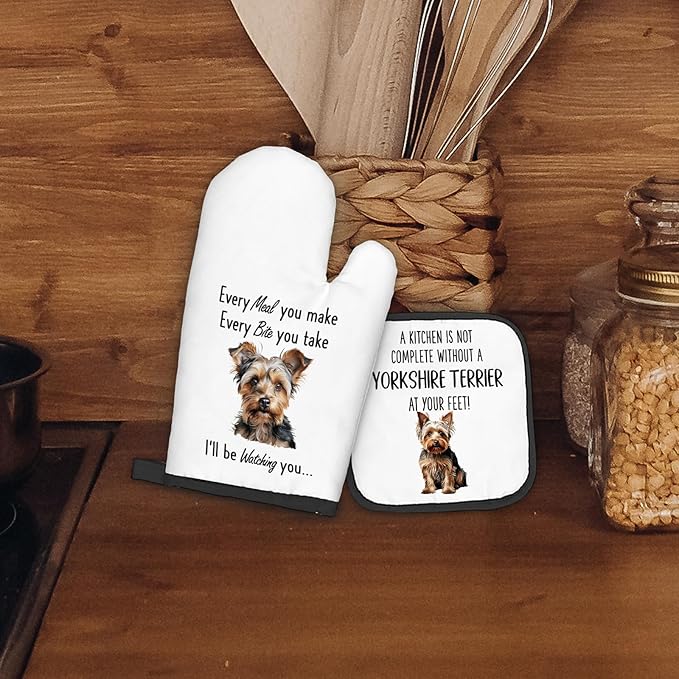 Yorkshire Terrier Gifts Dog Oven Mitts and Pot Holders Sets, Yorkshire Terrier Dog Decor Kitchen Accessories Sets, Complete Without Dogs Heat Resistant Oven Glove Potholders for Kitchen Baking