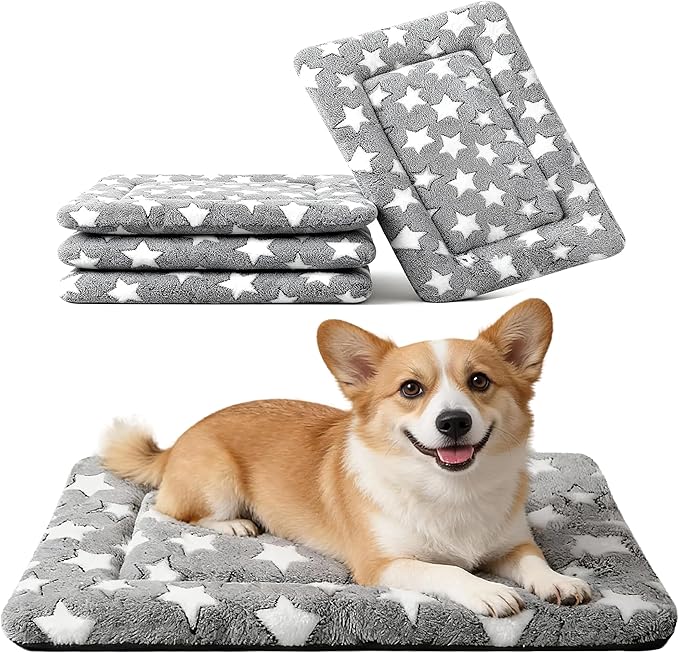 Fogkiss Dog Crate Mat, 4 Piece Reversible Pet Bed, Polyester, Machine Washable, Small Dogs & Cats, Rectangular (Gray Star, 24" L x 18" W x 1.5" Th)