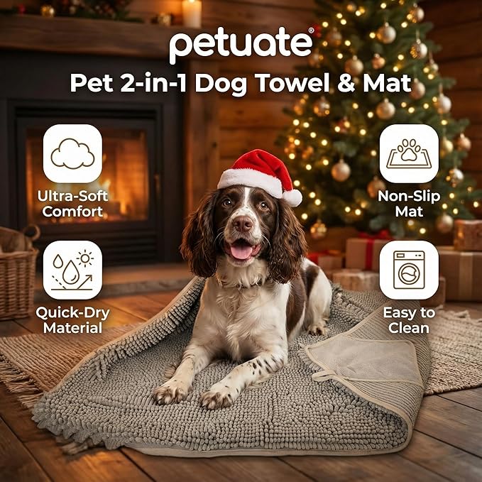Pet 2-in-1 Dog Towel & Mat – Transforms from Drying to Bath Mat, Ultra Soft, Absorbent & Quick-Drying, Machine Washable Dog Towels with Detachable Non-Slip Mat and Hand Pockets (Small)