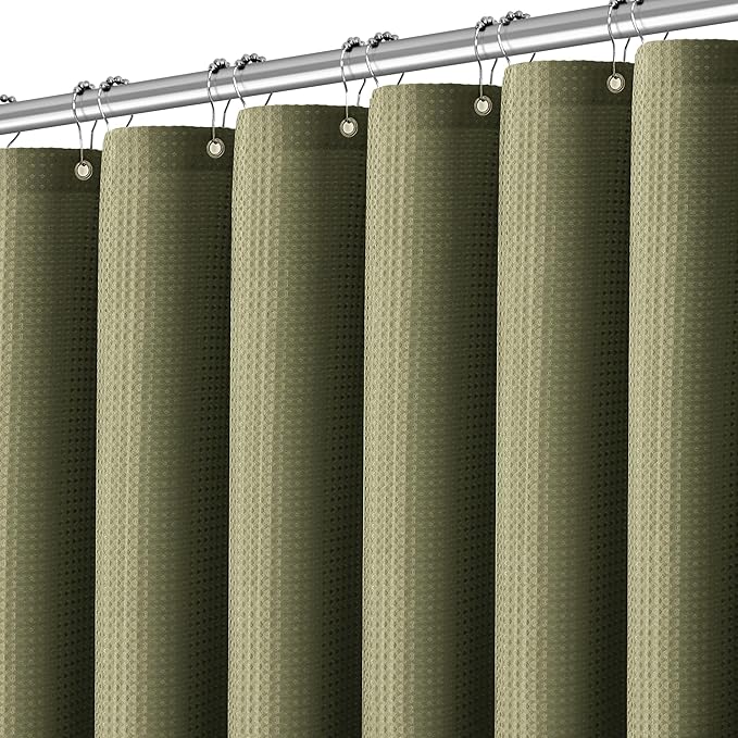 PANGSINNE Khaki Shower Curtain Waffle Weave 60 Inches Heavy Fabric Duty Shower Curtains for Stall, Water Repellent 256GSM Weighted Modern Bathroom Shower Curtains with 10 Metal Hooks, 60Wx72H