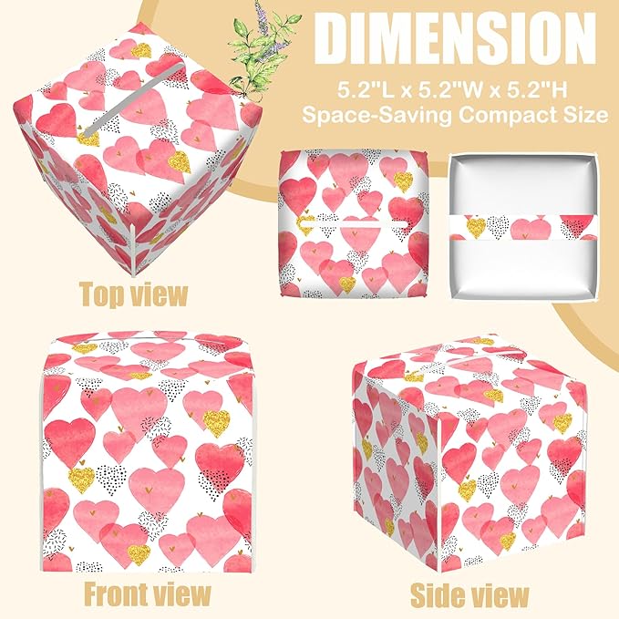 BLYKVGHQ Watercolor Pink Hearts Tissue Box Cover Square, Tissue Box Holder with Bottom Belt Leather Facial Paper Organizer Dispenser for Bathroom Bedroom Dresser Night Stand Tabletop
