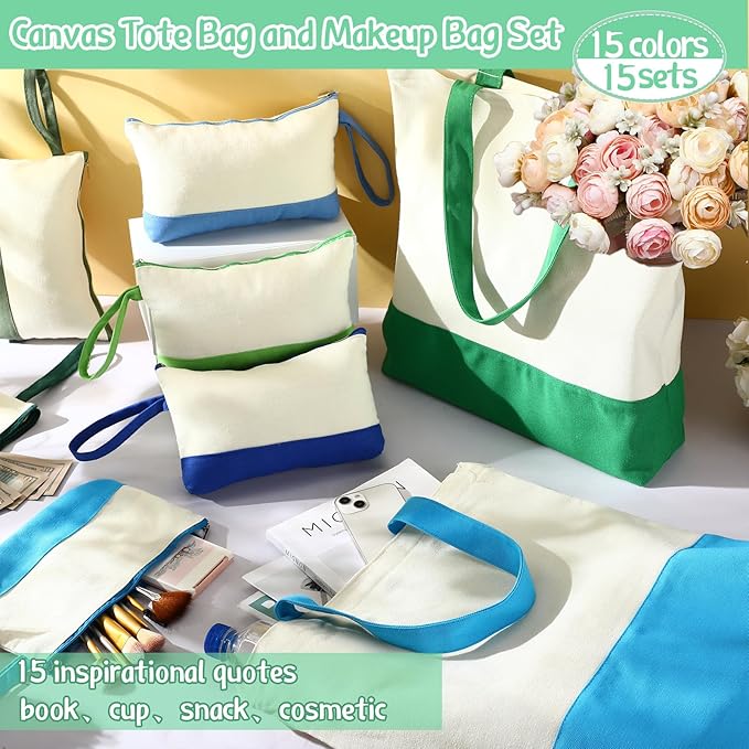 Sanwuta Canvas Tote Bags Bulk with Zipper Cosmetic Pouch 18.5" Reusable Cotton Shopping Bag with Handle for DIY Craft