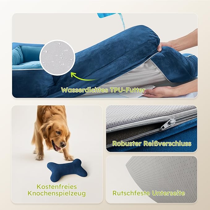 CWAWZ Dog Beds for Large Dogs, Orthopedic Dog Bed with Cooling Gel Memory Foam, Waterproof Large Pet Bed with Removable Washable Cover, 36" Pet Sofa Couch Dutch Velvet with Bone Toy, Navy Blue