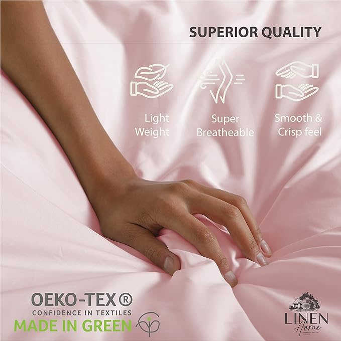 Linen Home 100% Cotton Percale Sheets King Size, English Rose, Deep Pocket, 4 Pieces Set - 1 Flat, 1 Deep Pocket Fitted Sheet and 2 Pillowcases, Crisp Cool and Strong Bed Linen
