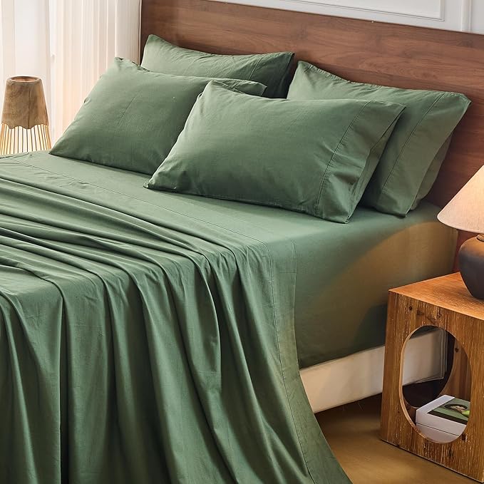 Bedlifes 100% French Flax Linen Sheets Set Queen Size - 6 Piece Extra Deep Pocket 18-24",Soft Breathable Queen Bed Sheets with Temperature Regulating & Moisture-Wicking(Forest Green