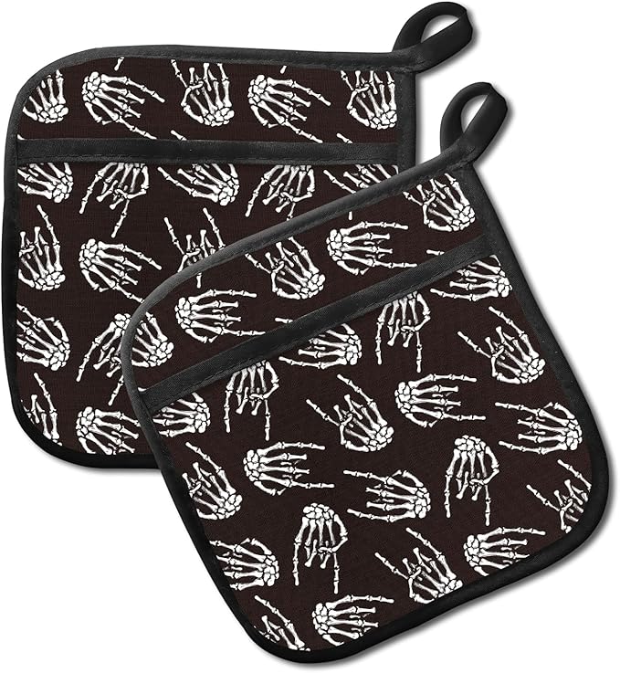 2 Pack Pot Holders for Kitchen Clearance, Cute Hot Pads, Funny Oven Pot Holders, Potholders Sets for Kitchen Heat Resistant Black Skulls Rock