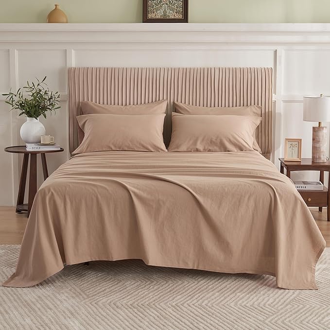 Simple&Opulence Belgian Linen Sheet Set Solid Color - 6 Pieces (1 Flat Sheet & 1 Fitted Sheet & 4 Pillowcases) 16" Deep Pocket Natural Flax Cotton Blended Soft Bedding - Clay, Queen Size