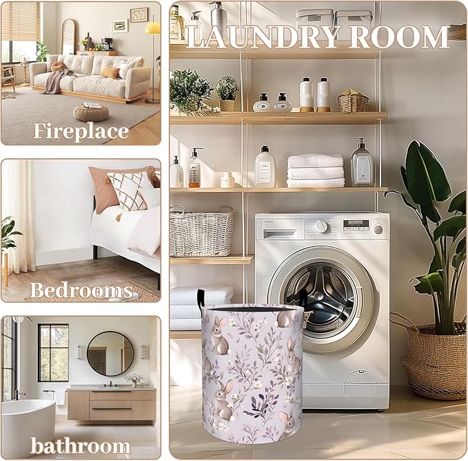 ainori Rabbit Floral Laundry Basket, Oxford Cloth Pastel Cute Dirty Clothes Collapsible Hamper for Room Decor, Bunny and Flower Plant Print Gifts Toy Organizer 19.7*15.8 Inch for Bedroom Bathroom Dorm