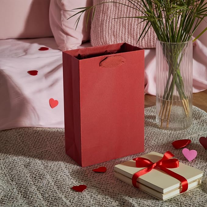 Prime Line Packaging Red Gift Bags with Handles, Mini Kraft Paper Goodie Bags for Christmas, Holiday, Treats, Wrapping, Shopping, Party Favors, Bulk, 6x3x9, 50 Pack