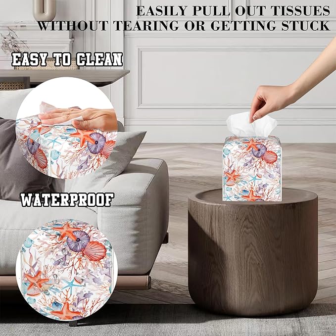 OHEGBXE Watercolor Seashell Tissue Box Holder Corals and Starfishes Square Leather Tissue Box Cover Modern Cube Facial Paper Cover Case for Bathroom Vanity Countertop Night Stands Tabletop