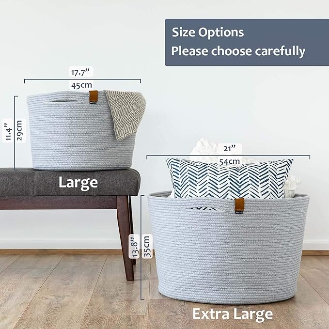DENJA & CO Large Blanket Basket for Living Room - Decorative Woven Baskets for Storage | Cotton Rope Large Baskets for Blankets, Pillows, Toys, or Laundry | Light Gray (17.7" Wide x 11.4" Tall)