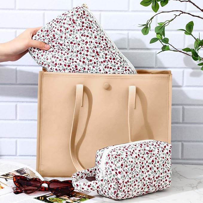 Paterr Makeup Bag Set 3 Pcs Large Quilted Cotton Make up Bags for Women Cosmetic Travel Toiletry Organizer Pouch Cute Aesthetic Storage Purse(Red,Red Floral)