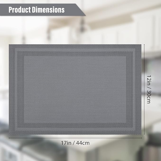 Winknowl Placemats Set of 6，Heat Resistant Woven Vinyl Washable PVC Place Mats，Non-Slip Stain Resistant Indoor/Outdoor Table Mats for Dining Table (Grey)