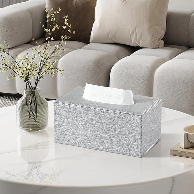 JLAMBOM Rectangle Tissue Box Cover for 120 to 160 Count Box of Tissues, PU Leather Tissue Holder with Magnetic Closure (Silver)