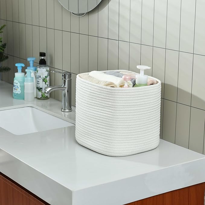 Gocjuaza 3 Pack Storage Cubes 11 Inch Cotton Rope Woven Baskets for Organizing Cube Bin Square Shelves Organizer,Classroom,Kids Toy Bins,Closet,Baby Nursery(Creamy White)
