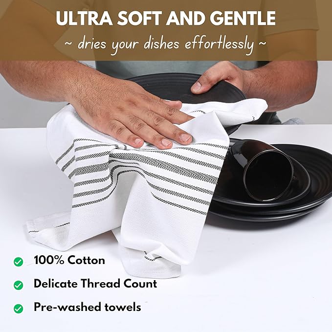 Native Fab 4 Pack Black Kitchen Towels Scandia Stripe 16"x26" - Cotton Dish Cloth, Super Absorbent Dish Towels, Multi Purpose Quick Dry Kitchen Washcloths with Loop, Black White