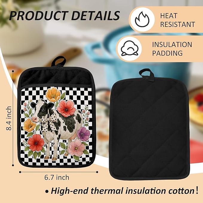 Trendy Floral Cow Pot Holders for Kitchen, Gifts for Cow Lovers Women, Rustic Farm Animal Checkerboard Heat Resistant Hot Pads and Oven Mitts for Baking Cooking
