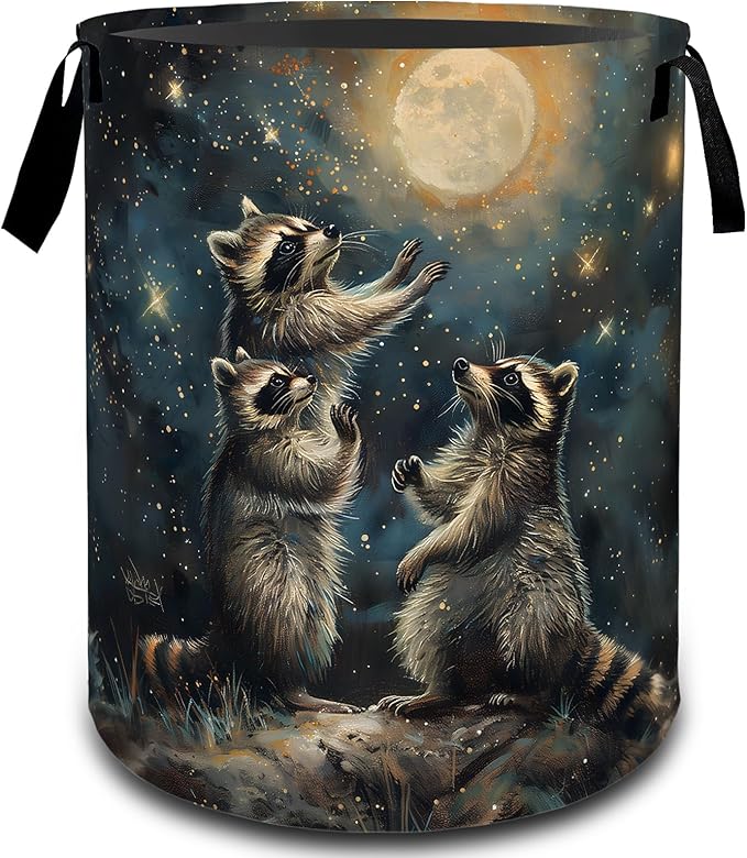 VODRM Raccoon Moon Night Sky Laundry Basket, Dirty Collapsible Clothes Toy Organizer Hamper for Kids Adults, Oxford Cloth Waterproof Storage Bin for Bedroom Bathroom Home Decor Gifts, 19.7"X15.7"
