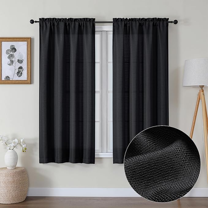 Lecloud Bessie Black Curtains 63 Inch Length 2 Panels, Light Filtering Breathable Faux Linen Curtain Panels, Dual Rod Pocket Curtains for Bedroom Living Room, Each 40 W x 63 L