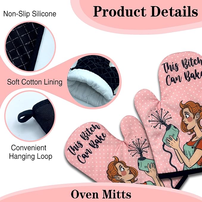 2 Pack Funny Baking Oven Mitts, This Bitch Can Bake, Retro Housewife Heat Resistant Mitts, Humorous Baking Gifts for Mom Wife, Sweet Housewarming Gifts for Women Hostess Sister Bake Lover