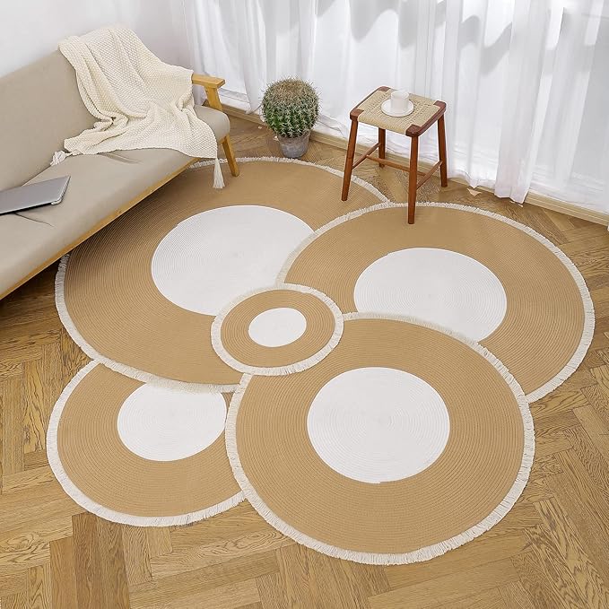 Handwoven 4ft Round Cotton Rope Rug with Tassel Trim – Washable Boho Braided Circle Rug for Bedside, Nursery, Entryway – Beige & White, Soft & Durable