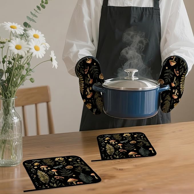 Mushroom Forest Plant Oven Mitts and Pot Holders,Dragonfly Heat Resistant Oven Mitts Gloves and Pot Holder for Home Kitchen Decorations Cooking Baking BBQ Gifts,Set of 4